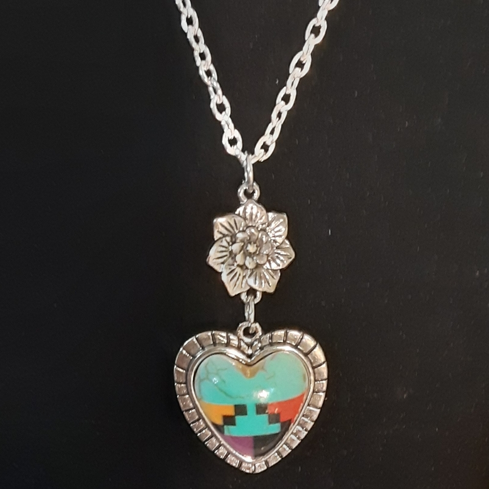 Handmade Southwestern Style Heart Necklace Turquoise Red 26" Long Chain